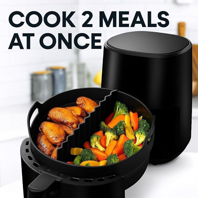 Silicone Air Fryer Liner 8.6" Round for 5–8 QT, With Divider Split for 2 Flavors, Reusable Non-Stick Collapsible Pot Liner, Dishwasher Safe, Heat-Resistant 446°F, BLACK, 1 Pack