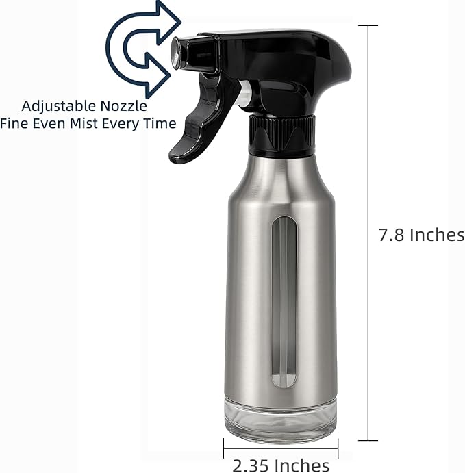 Oil Sprayer for Cooking 180ml, Olive Oil Mister with Fine Mist Trigger, Stainless Steel Refillable Glass Dispenser Bottle 6.35oz for Air Fryer BBQ Salad & Baking (Black+Stainless Steel)