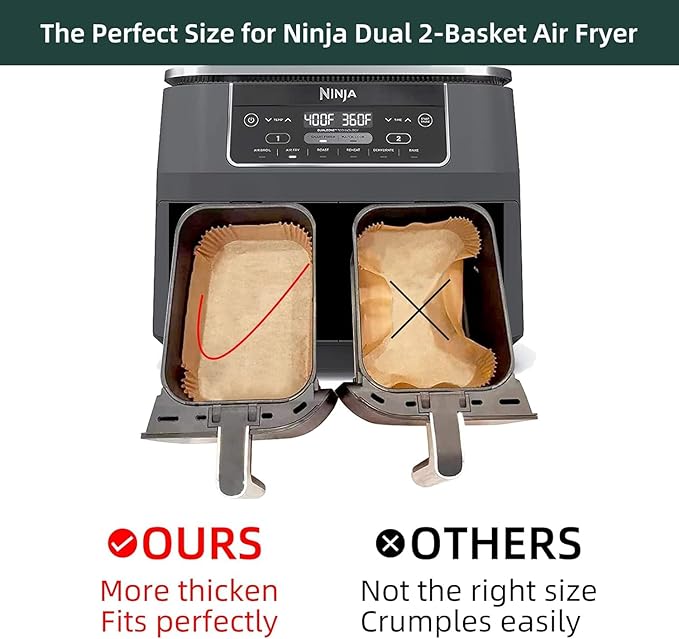 Air Fryer Disposable Paper Liners for Ninja Dual Airfryer Accessories, Non-Stick Parchment Rectangular for Baking, Oil Proof, Water Proof, for Microwave Oven (125PCS, 8.6in x 5.5in）