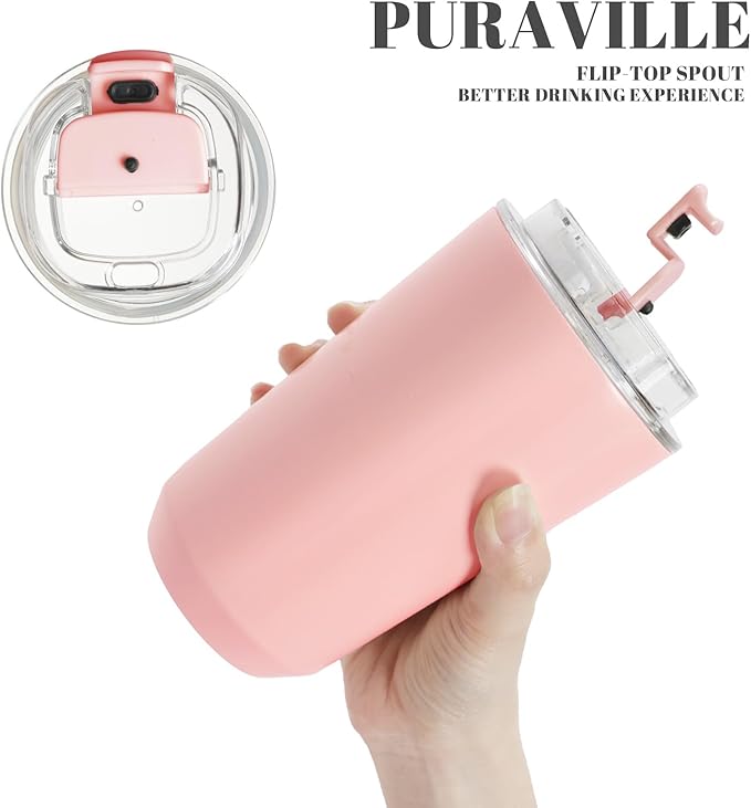 Puraville 2 Pack Insulated Tumblers with Lid, 14 oz Travel Coffee Mug Stainless Steel Vacuum Cup, Leak Proof Double Walled Coffee Tumbler for Iced and Hot Drinks,Pink and Light Blue