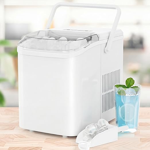 Ice Makers Countertop, Portable Ice Machine with Handle, 6 Mins 9 Bullet Ice Cubes with Basket and Scoop, 26lbs in 24Hrs, Auto-Cleaning, for Home, Kitchen, RV, Camping, White