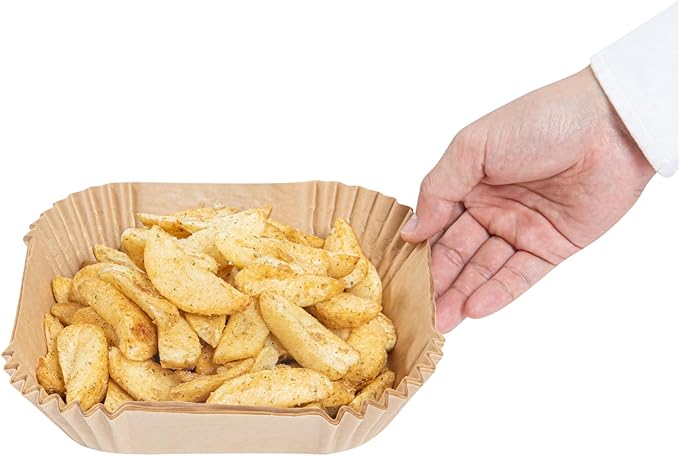 Restaurantware-Pastry Tek 6.3 x 6.3 x 1.8 Inch Air Fryer Liners, 100 Square Air Fryer Baskets - No-Stick Silicone Coating, Unbleached, Food-Grade Paper Liners, For Steamer, Microwave, Oven, Fry Pan