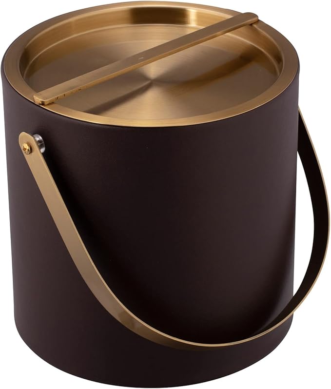 Kraftware SANTA BARBARA 3qt Ice Bucket with Brushed Gold Arch Handle & Bridge Cover: Chocolate Brown