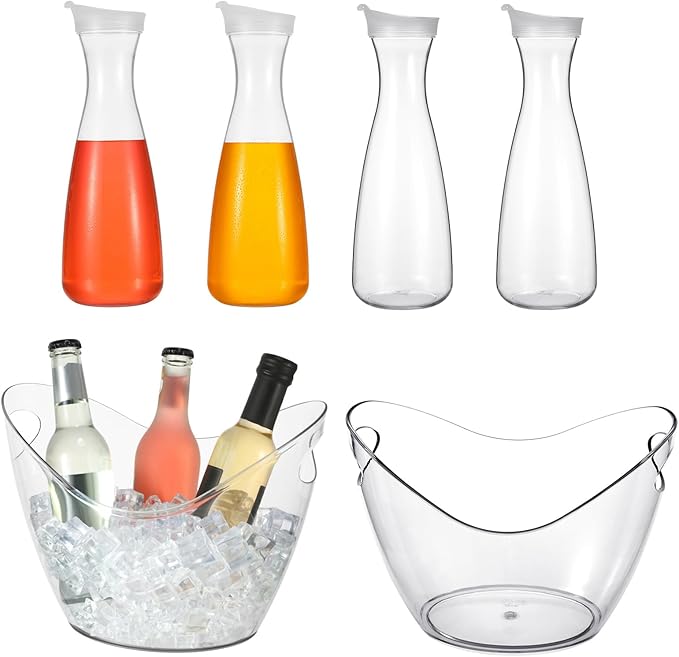 Funnymoom 6 Pcs Acrylic Ice Bucket for Parties 4l Oval Beverage Tub 47 oz Plastic Water Carafes with Lids Plastic Pitcher for Champagne Beer Wine Cocktail Iced Tea Pool Party