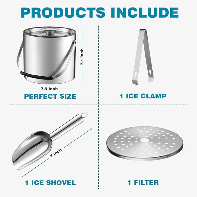 FrutPunch 4L Ice Bucket with Lid, Scoop, Tongs and Strainer, Double Wall Stainless Steel Ice Buckets for Parties, Cocktail Bar, Chilling Wine, Champagne, Large Outdoor Champagne Ice Container