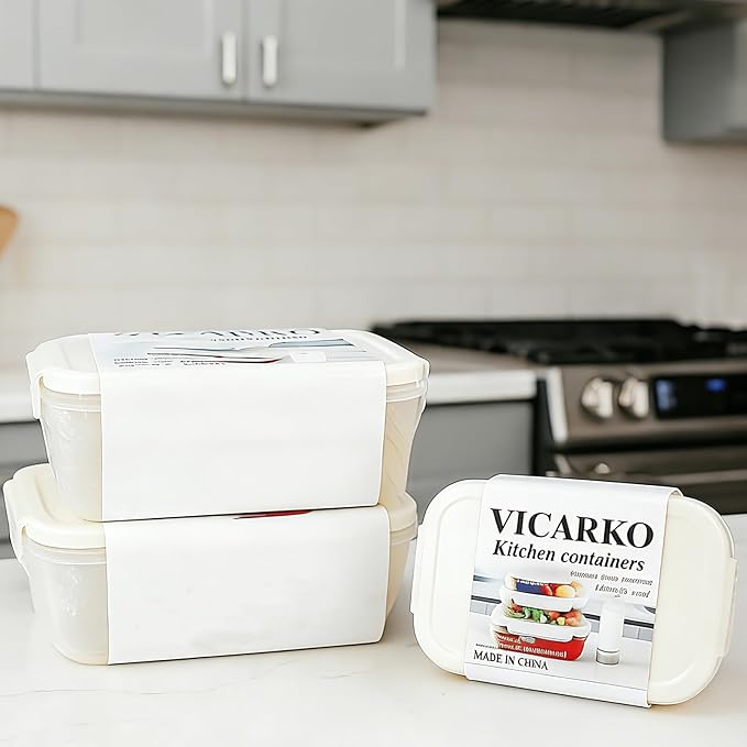 VICARKO 3-Piece Stackable Vacuum Food Storage Containers Set with Hand Pump, 17 oz/ 34 oz/ 68 oz, White, BPA-Free, Airtight, Leakproof, Date Tracker