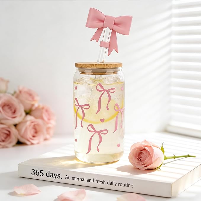 Mason Life 2Pack Bow Glass Cup 18 OZ with Designs, Pink Bow Cup for Preppy Stuff, Cute Tumbler with Straw Cover & Keychain for Women Teen Girls Iced Coffee, Matcha and Smoothies