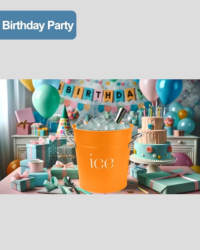3Qt Orange Galvanized Ice Bucket with Lid, Scoop & Handles - Ideal for Cocktails, Parties, BBQs, Wine & Champagne. Double-Layer Insulated Outer & Galvanized Inner Layer, Perfect for Home & Outdoor Use