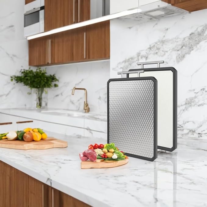 Stainless Steel Double-Sided Cutting Board – Large Non-Toxic Chopping Board with Mesh Design, Wheat Straw Side, Food-Grade 304, Non-Slip, Juice Groove, Onion Holder, Crinkle Cutter
