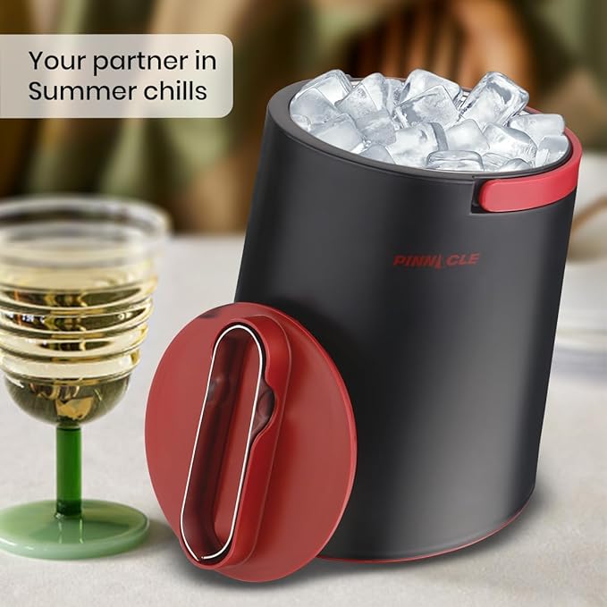 PINNACLE Insulated ice bucket for parties with Tong that fit into Lid - Stainless Steel ice bucket for cocktail bar with Collapsible Handles for indoor/outdoor bar, BPA Free (Red)