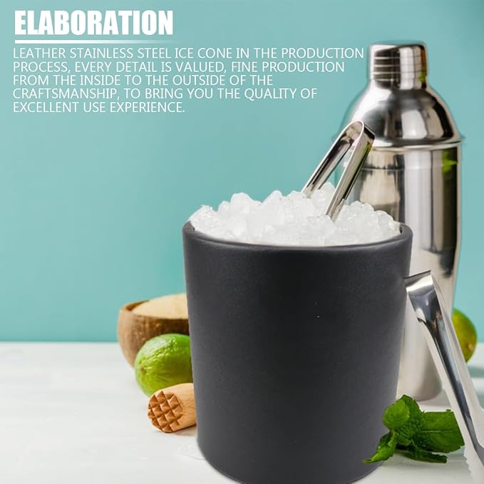 Insulated Ice Bucket with Lid Strainer Ice Tong – 1.3L Matte Black Stainless Steel Double Wall Ice Bucket for Parties