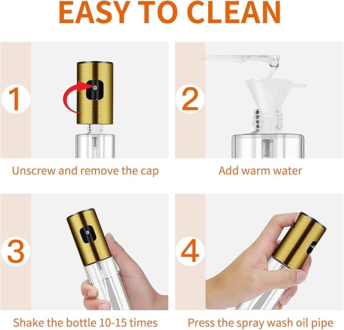 Glass Oil Sprayer Bottle for Cooking, Refillable Fine Mist Sprayer for Air Fryer, BBQ, Salad Spray, Leak Proof Kitchen Oil Dispenser with Dishwasher Safe Design (Gold)