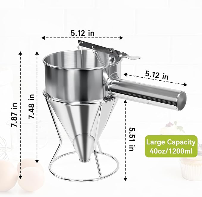 40oz Stainless Steel Pancake Batter Dispenser, Pancake Dispenser with Stand and Squeeze Handle, 4 Interchangeable Nozzles for Pancakes, Cupcakes, Waffles and Baked Goods