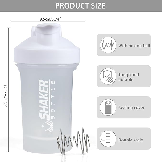 Shaker Bottle,400ml Small Protein Shaker Bottle with Mixing Ball, Portable 14oz GYM Shakes Cup for Workout,BPA free, 100% Leak Proof,Dishwasher Safe（White）