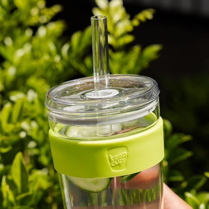 KeepCup Cold Cup - Longplay Double wall Glass Ice Coffee Tumbler with Lid and Straw - 12oz (340ml) - Chartreuse Green