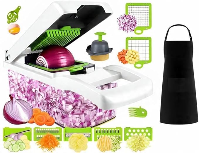 Kalmat Dynamics Food Chopper and Vegetable Slicer, 16-in-1 Multi-Function Kitchen Chopper with 7 Blades and Container, Free Black Cooking Apron (White+Green)