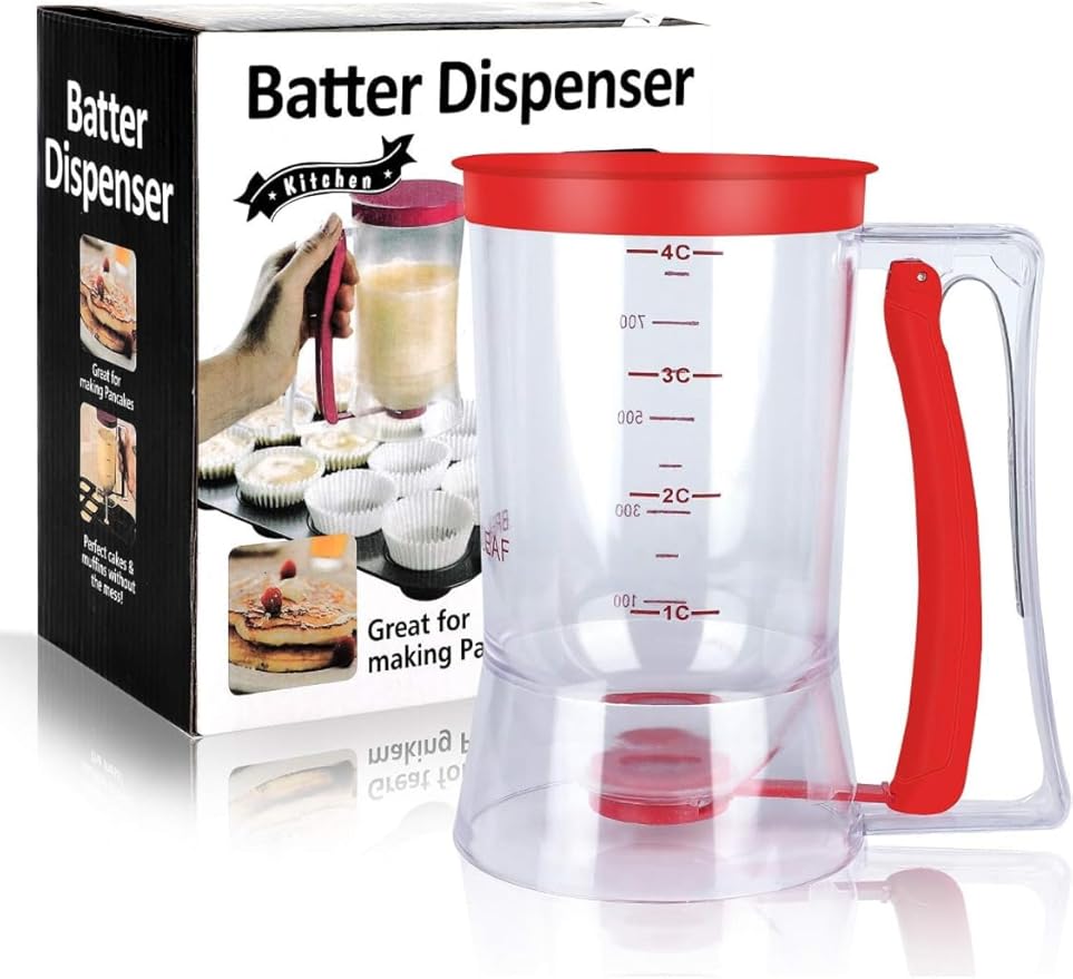 Leilanis Breadleaf Batter Dispenser for Pancakes, Waffles, Cookies, Cakes, Set 6 pcs Griddle BreakFast Kit Egg Rings and Oil Brush 4 Cup Capacity (Red)