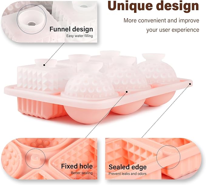 Acomler Ice Cube Molds Tray, 3 Big Crystal Square Cubes & 3 Round Sphere Golf Ice Ball Makers, Large Silicone Whiskey Ice Mold, Fun Shape Ice Trays with Funnel for Whiskey, Cocktails, Bourbon (Pink)