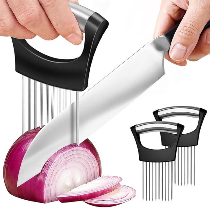 Onion Holder for Slicing, Stainless Steel Vegetable Slicer Cutter, Multifunctional Onion Slicing Tool for Tomato, Potato, Lemon, Meat, Easy Home Kitchen Chopper Assistant (2 Pack)