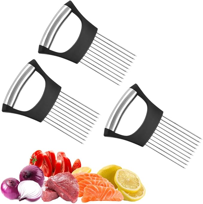 Onion Holder for Slicing, 2025 New Stainless Steel Onion Slice Holder Lemon Slicer Vegetable Cutter, Kitchen Chopper Slicing Assistant Tool for Meat, Onion, Potato, Tomato (B-3PCS)