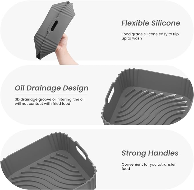 Redfly 2 Pack Silicone Air Fryer Liners, Square Reusable Non-Stick Basket Inserts for 4-5 QT Air Fryers, Dishwasher Safe Parchment Paper Replacement Accessories Gray & Black