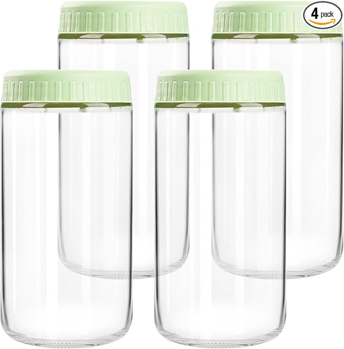 SHOWIN Overnight Oats Containers with Lids, 24oz Glass Jars with Lids 4 pcs, Light Green, Wide Mouth Mason jars for Salad, Yogurt, Snacks, Meal Prep