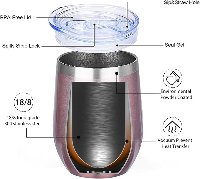 MEZMUT 12 Oz Insulated Wine Tumbler with Lid Double Wall Vacuum Stainless Steel Wine Glass Coffee Mug Insulated Tumbler Cup for Champaign, Cocktail, Beer (Rose Gold, 6 Pack)