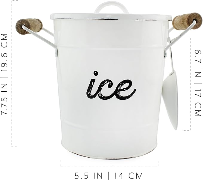 AuldHome Design Rustic Enamelware Ice Bucket; White Farmhouse Style Insulated Ice Server