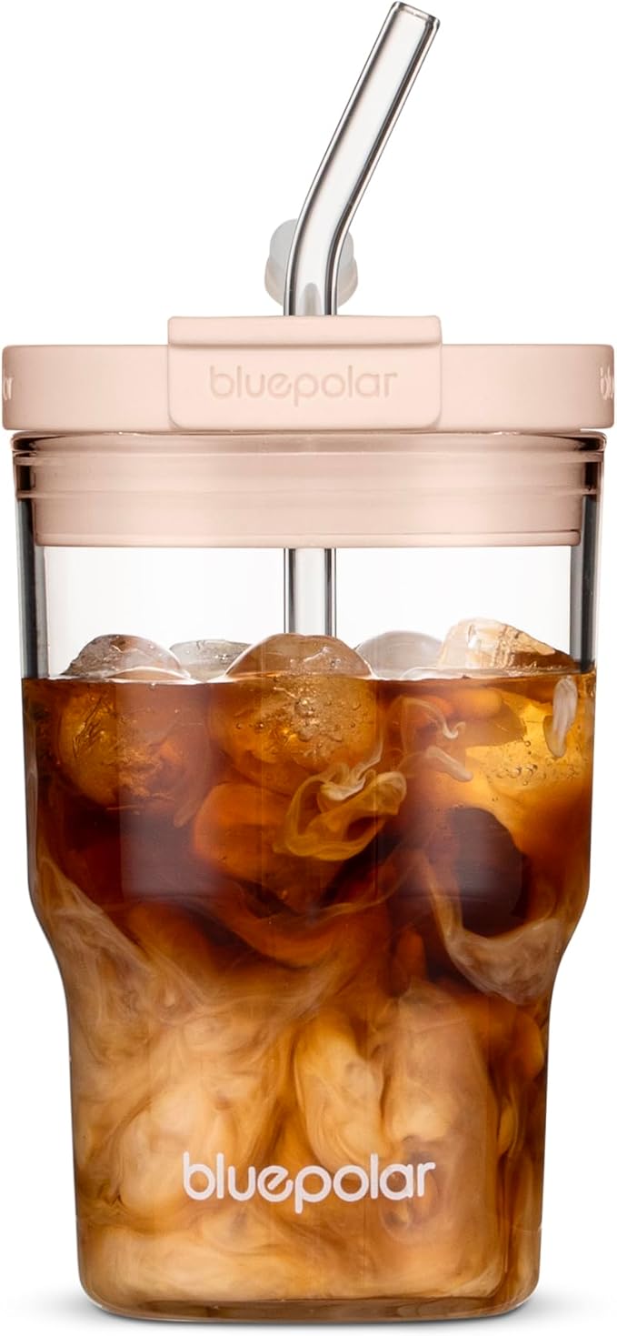 Glass Cups with Lids and Straws,16oz/480mll Reusable Iced Coffee Glasses & Juice Bottles,Cold Brew Tumblers with Leakproof Lids,BPA-Free Glass Jars for Juicing,Matcha,Flower Tea,Smoothie (Pink)