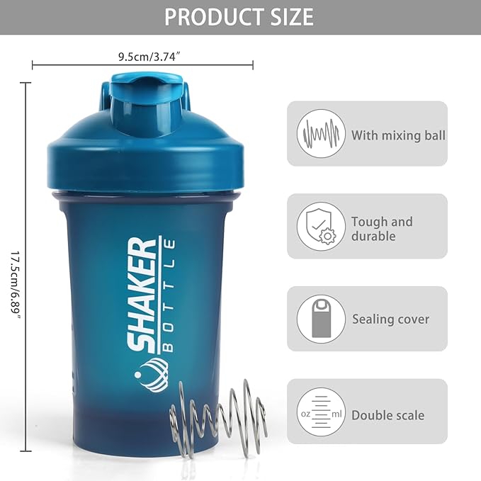 Shaker Bottle,400ml Small Protein Shaker Bottle with Mixing Ball, Portable 14oz GYM Shakes Cup for Workout,BPA free, 100% Leak Proof,Dishwasher Safe（Blue）