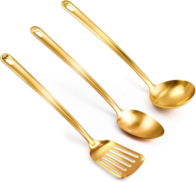 Kitchen Cooking Utensils Set, 3 pcs Stainless Steel Cooking Utensils Spatula Set with Titanium Gold Plating, Kitchen Gadgets Utensil Set