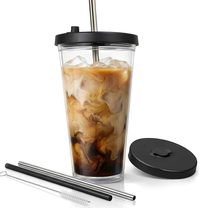 Kensal Home Reusable Iced Coffee Cup (24 Oz/Venti), Leak Proof and Double Wall Insulated Iced Coffee Tumbler, Come with Reusable Plastic and Metal Straws and Straw Cleaner - Black