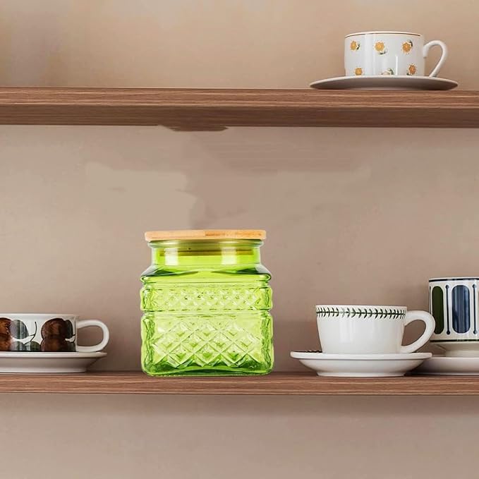 Glass Storage Canister with Airtight Lids, 20.3 FL OZ Thick Glass Candy Jar for Coffee Bean, Cocoa powder,Dog treats, Snacks Vintage Decorative Square Glass Jars for Coffee Bar Kitchen Party Counter