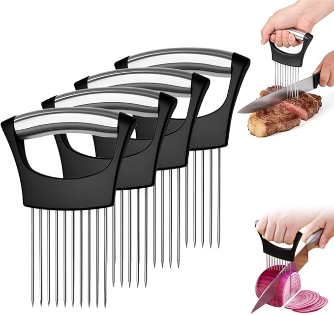 Stainless Steel Onion Holder for Slicing, Onion Slicer and Cutter, Kitchen Utensil for Onions, Tomatoes, Avocados, Eggs, Meat and Vegetables (4Pcs)