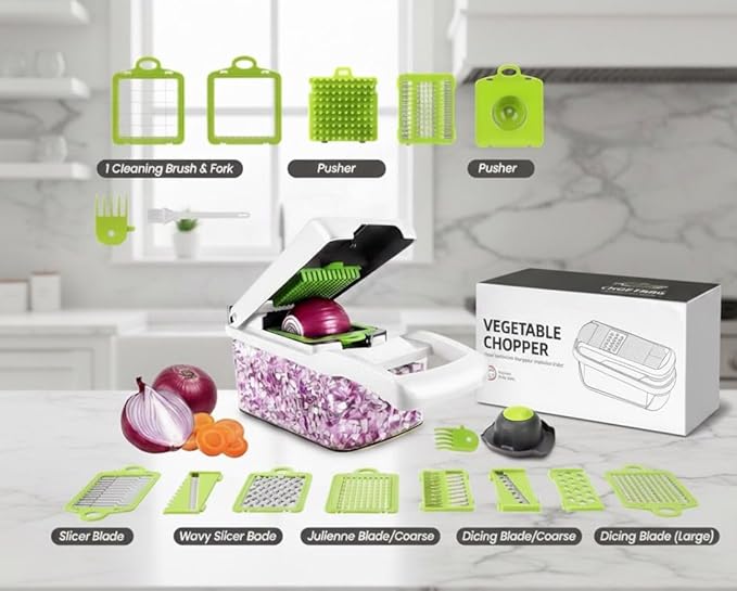 Kalmat Dynamics Food Chopper and Vegetable Slicer, 16-in-1 Multi-Function Kitchen Chopper with 7 Blades and Container, Free Black Cooking Apron (White+Green)