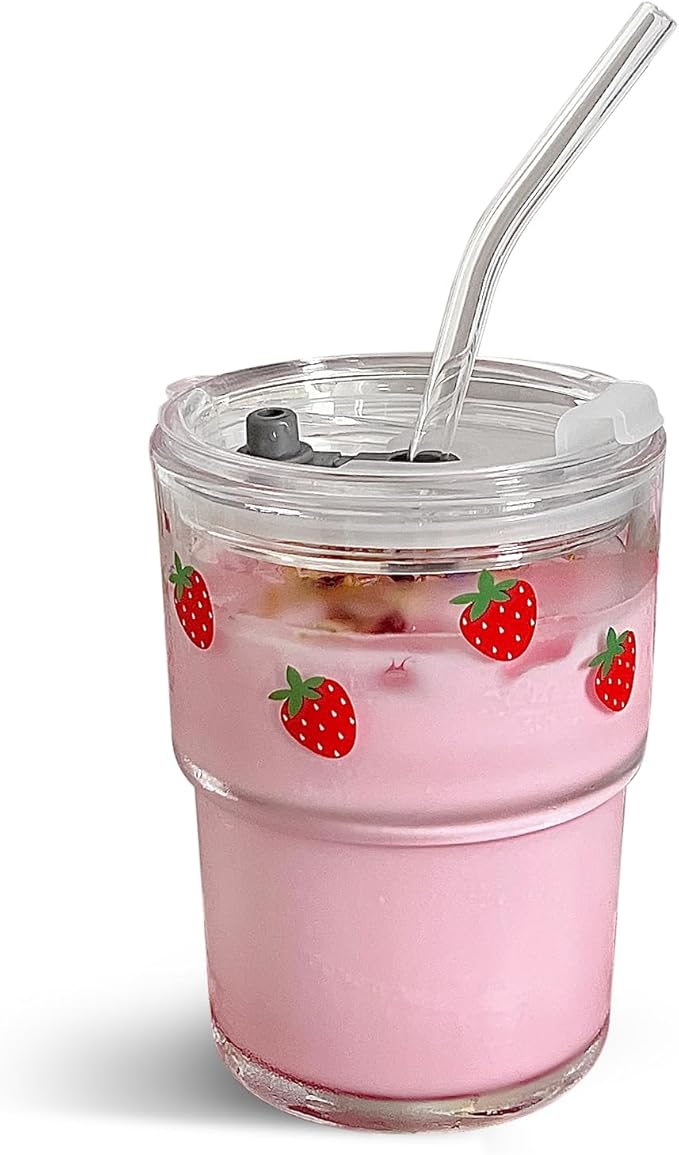 Olvini 13oz Glass Tumbler with Straw and Lid, Reusable Iced Coffee Cup Tumbler, Cute Glass Cups for Water, Matcha, Travel Coffee Mugs (Strawberry - 13oz)