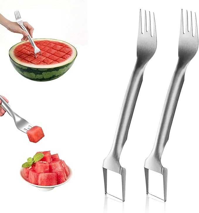 2-in-1 stainless steel fruit slicer,2025 new upgraded portable watermelon fork, fruit fork slicer suitable for home, party, camping and kitchen small tools(2pcs)