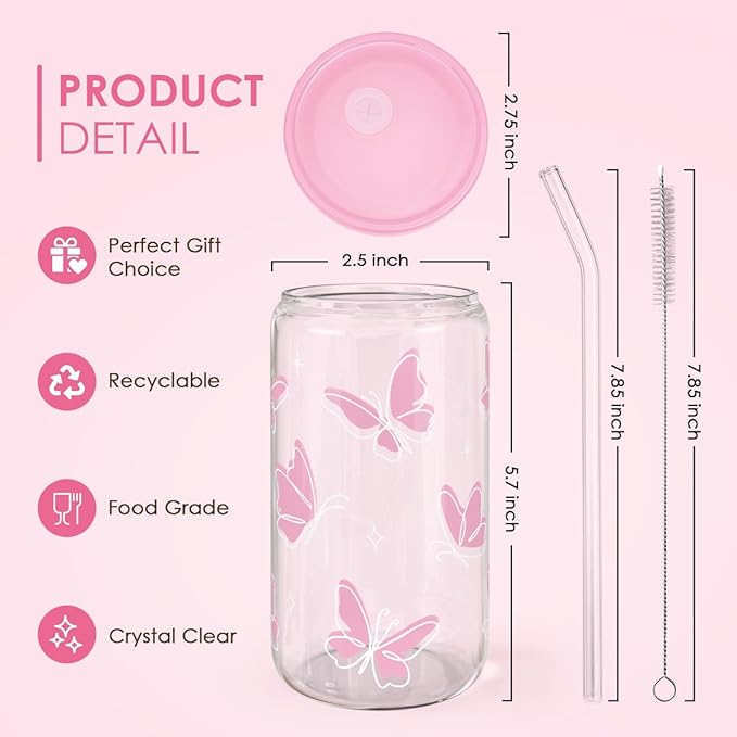 SANDJEST Butterfly 16 Oz Can Glass Tumbler with Acrylic Lid and Straw - Iced Coffee Cups for Women, Aesthetic Glass Cup Gift for Birthday Christmas