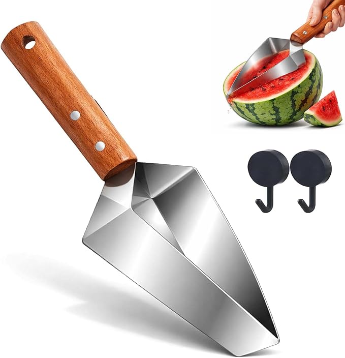Triangle Watermelon Cutter, Stainless Steel Watermelon Slicer with Wooden Handle, Handheld Fruit Cutter for Kitchen Gadgets, Portable for Summer Camping, Picnics, Home, Parties for Fruit, Cake (1PC)