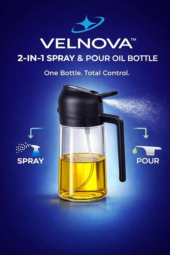 Olive Oil Sprayer for Cooking, 16oz/470ml Glass Oil Sprayer, 2-in-1 Oil Dispenser Bottle, Transparent Oil Mister for Air Fryer, Salad, Frying, Grilling & BBQ