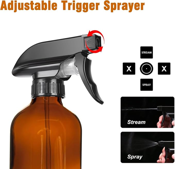 LANBEAUTIFY 8oz Amber Glass Spray Bottles - 2 Pack Empty Refillable Bottles for Cleaning, Hair Care, Essential Oils, Plants - Includes Durable Nozzle, Labels, Funnel & Dropper, Handheld Size