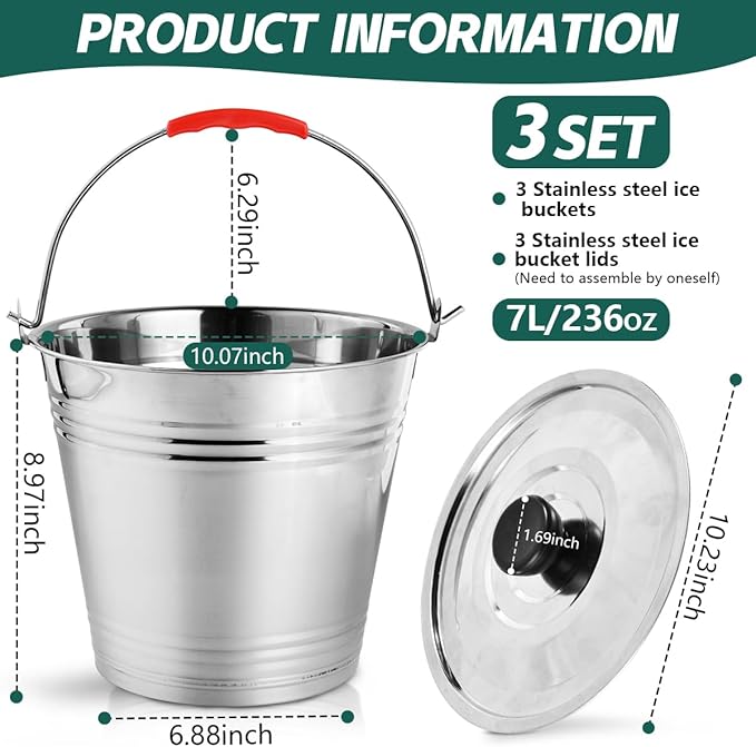 OBTANIM 3 Pack 7L Stainless Steel Metal Ice Buckets Champagne Drink Cooler Storage Ice Pails with Handle and Lid for Party Favors Organizing Home Parties Bar Cooling Supplies
