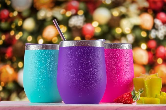 CHILLOUT LIFE 12 oz Stainless Steel Wine Tumbler with Lid - Double Wall Vacuum Insulated Wine Cup Glass Keeping Cold & Hot for Coffee, Champagne, Cocktails, Ice Cream - Powder Coated Purple