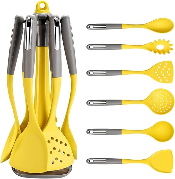 Cooking Utensils Set for Kitchen,7PCS Silicone Utensil Set with Rotating Storage Stand, Non Stick Utensil Tool and Gadget Set with Ergonomic Handles, Heat Resistant Kitchen Essentials (Yellow)
