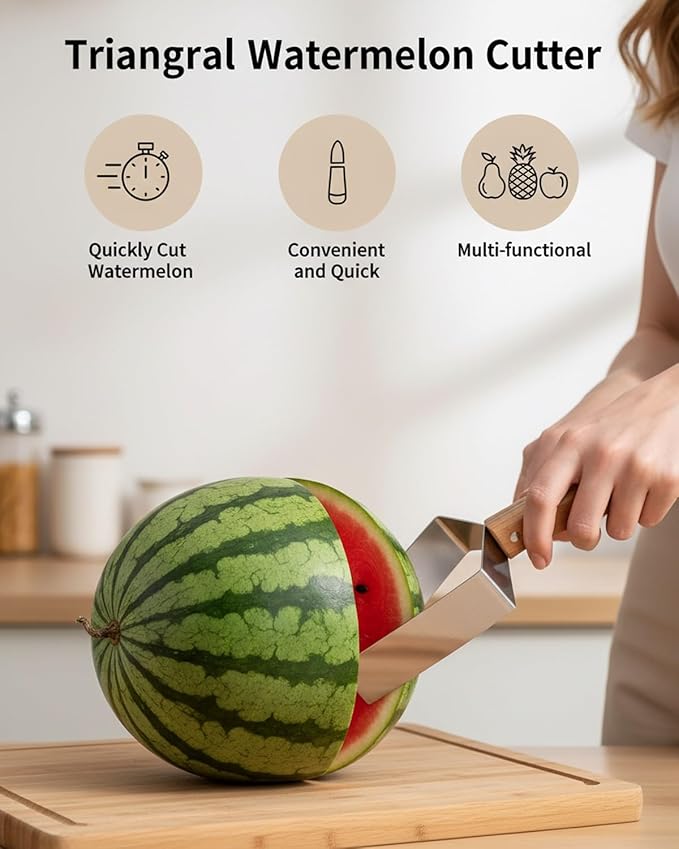 2026 Stainless Steel Watermelon Slicer, Watermelon Cutter Slicer Tool with Wooden Handle, Triangle Fruit Melon Knife Kitchen Gadgets for for A Wide Variety, Cantaloupe, Honeydew, Apples(4pcs#)