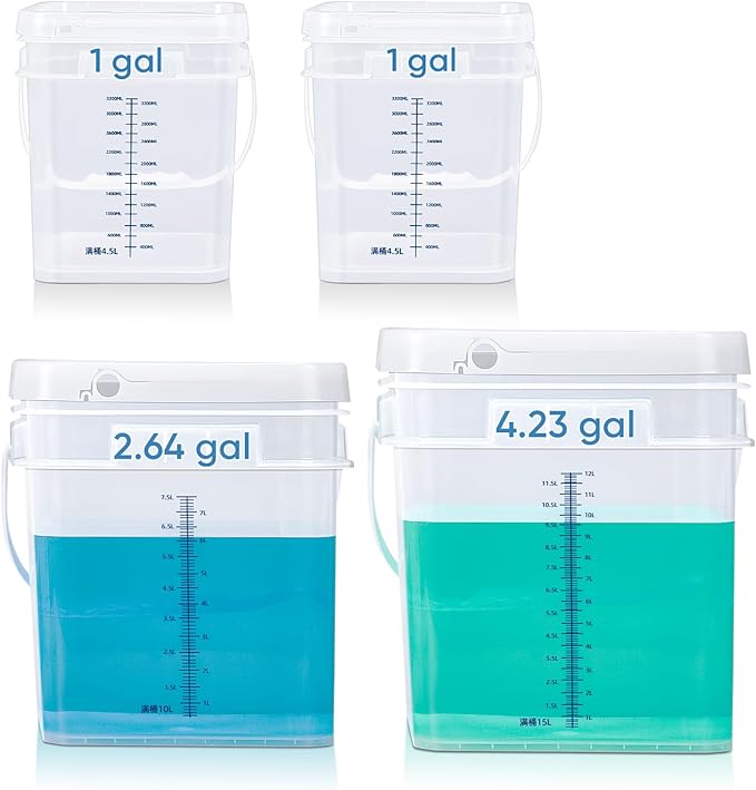 ASEVAT 4 Pcs Square Food Grade Bucket with Lid Square Bucket Pail with Plastic Handles for Storing Dry Food, Charcoal, Camping, Fishing （1+2.6+4.2gal