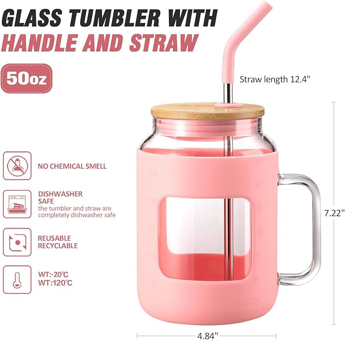 WINSA 50 oz Glass Water Bottles with Silicone Sleeve,Glass Tumbler with Lid and Straw,Iced Coffee Cup with Handle,BPA Free-Pink