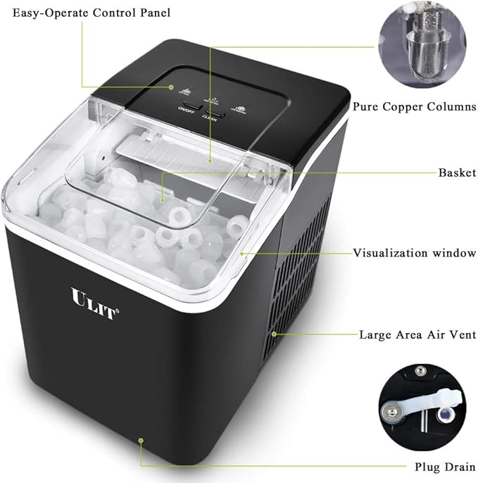 ULIT Portable Ice Maker,Ice Maker Machine for Countertop, Self-Cleaning Function Ice Cube Maker,Make 26 lbs Ice in 24 hrs, 9 Ice Cubes Ready in 8 Minutes,with Ice Scoop and Basket(Black)