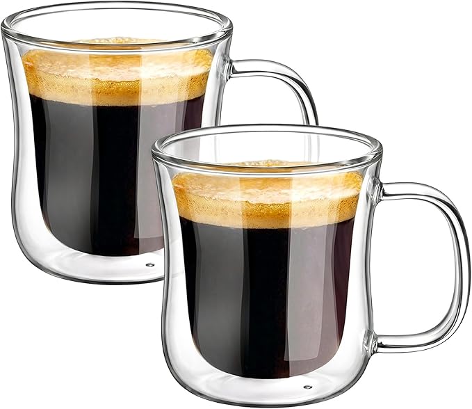 ecooe Espresso Cups 4 Oz Double Walled Glasses Coffee Mugs Set of 2, Clear Glass Coffee Cups with Handle, 120 ml (full capacity) Coffee Mug Borosilicate Double Wall Glass Espresso Coffee Cups