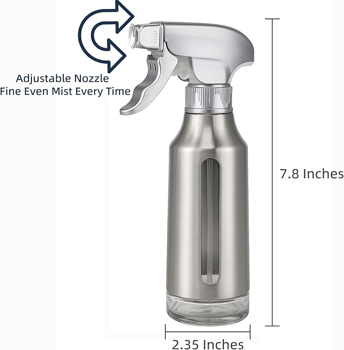 Oil Sprayer for Cooking 180ml, Olive Oil Mister with Fine Mist Trigger, Stainless Steel Refillable Glass Dispenser Bottle 6.35oz for Air Fryer BBQ Salad & Baking (Silver Gray+Stainless Steel)